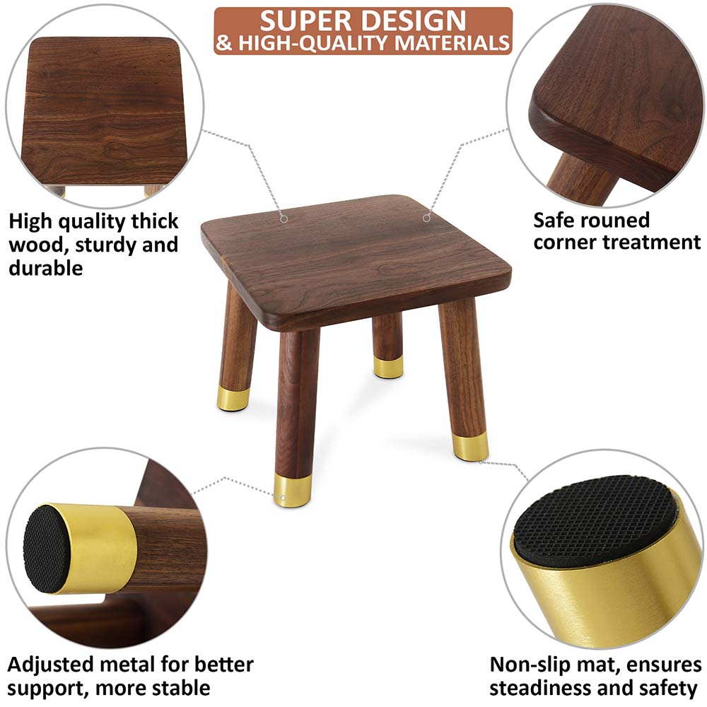 BOGAOJC 10 Inch Set of 2 Small Black Walnut Step Stool for Kids & Adult,Bedroom, Kitchen & Bathroom- Short Stool for Foot Rest, Plant Rack/Stand & Shoe Changing (Round Legs)